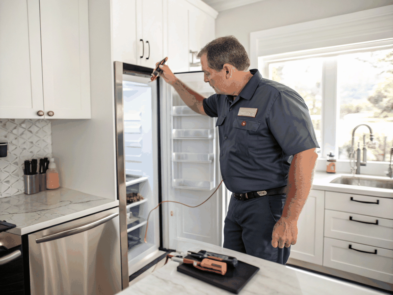 Appliance technician repairing a residential refrigerator in Powder Springs