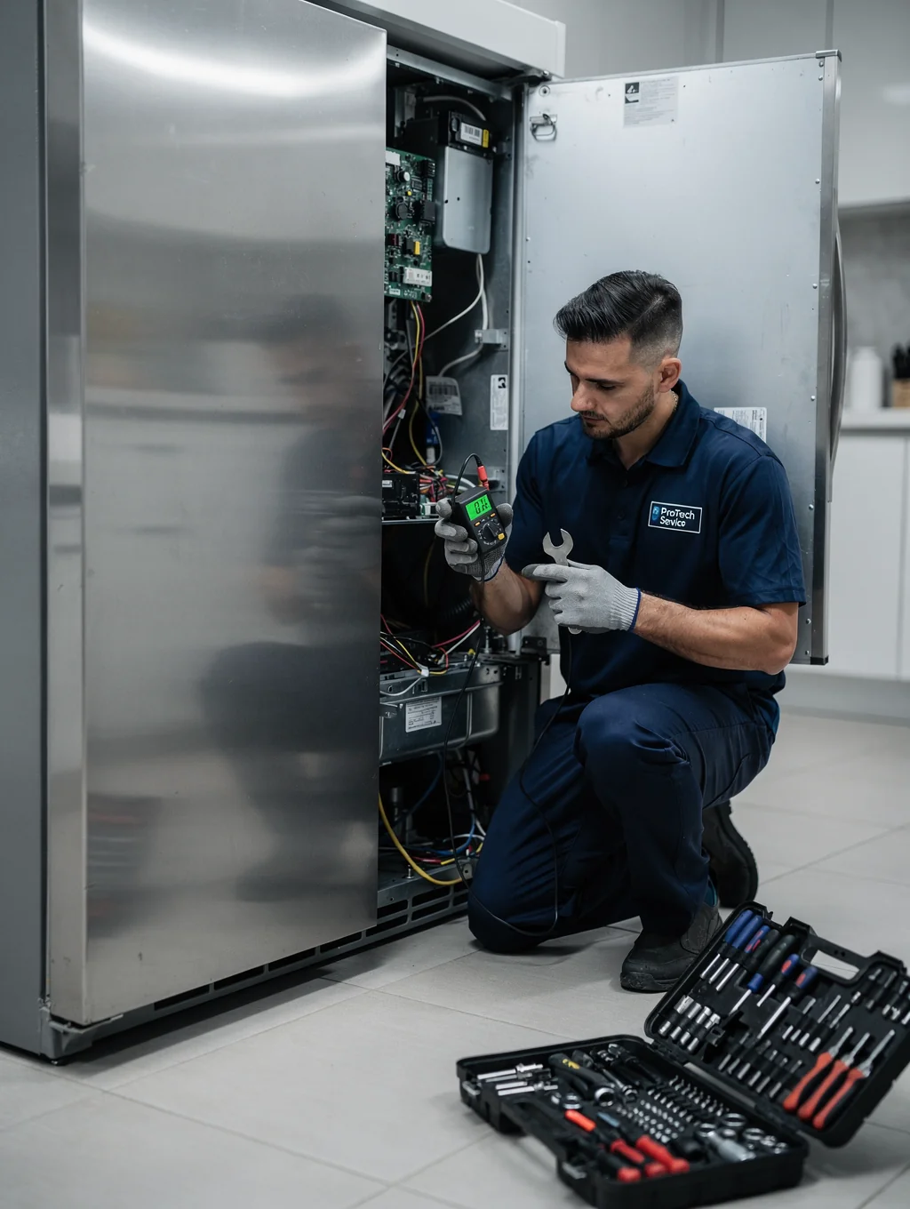 Professional technician inspecting a refrigerator in an Austell home kitchen