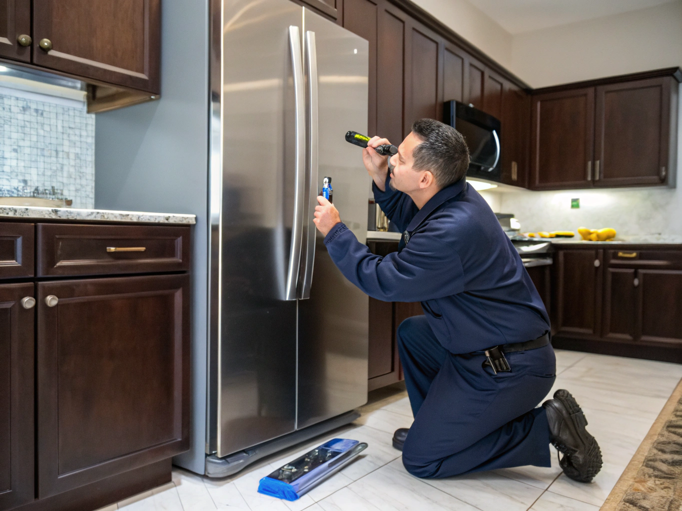 Beverage cooler and wine refrigerator being inspected by a technician