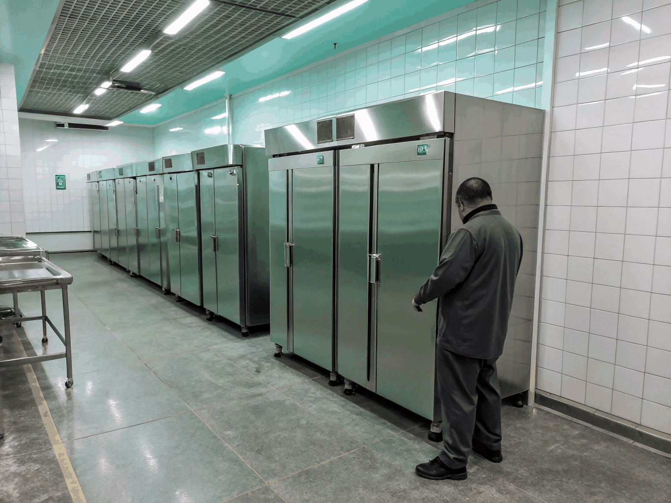 Technician servicing a commercial walk-in freezer