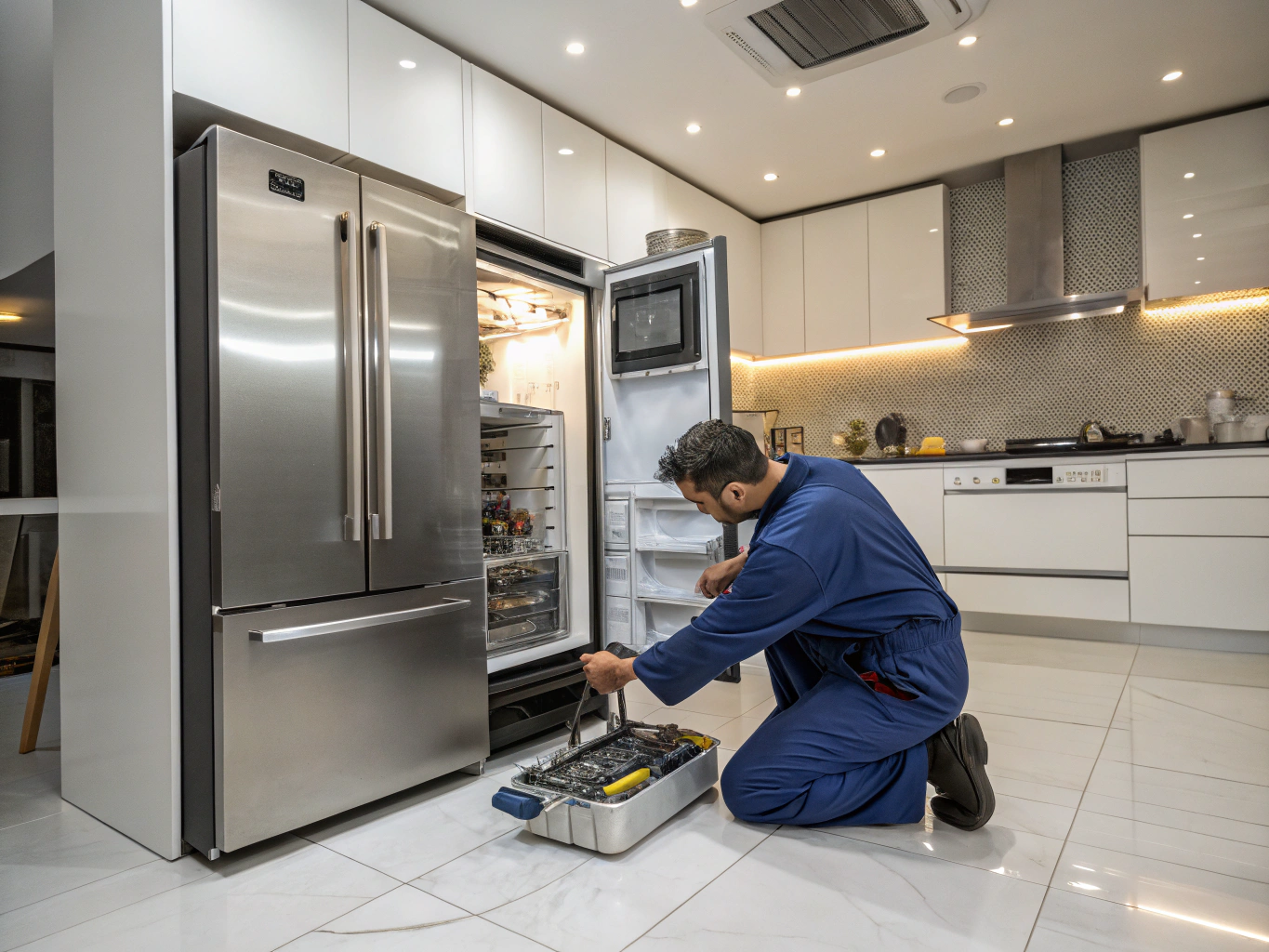 Technician servicing a commercial sandwich prep table in a restaurant kitchen