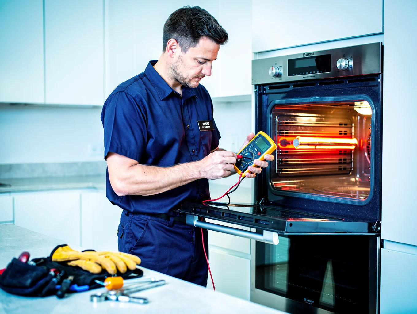 Technician inspecting commercial restaurant range and oven burners