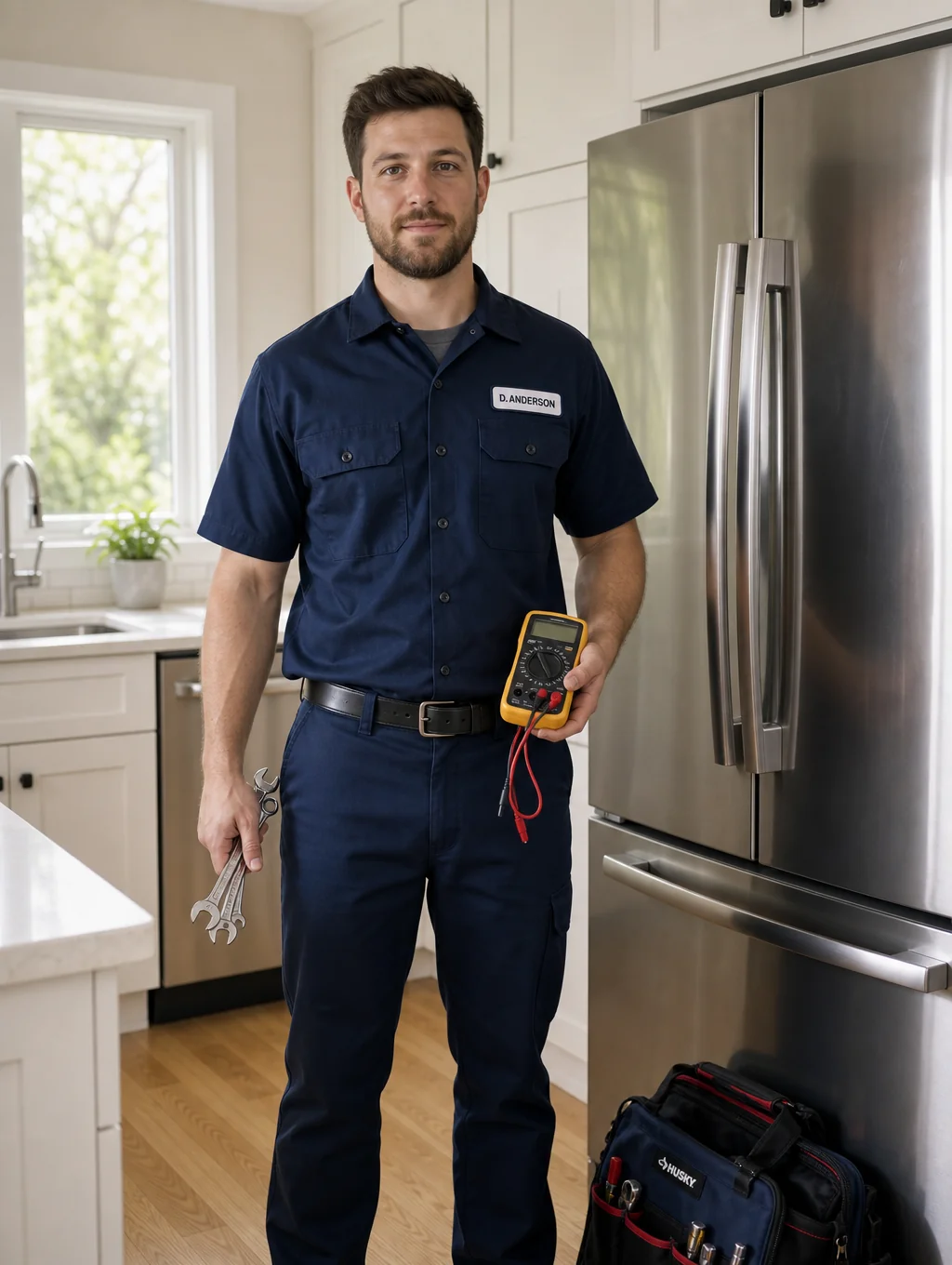 Appliance repair technician inspecting and fixing a dishwasher in a kitchen