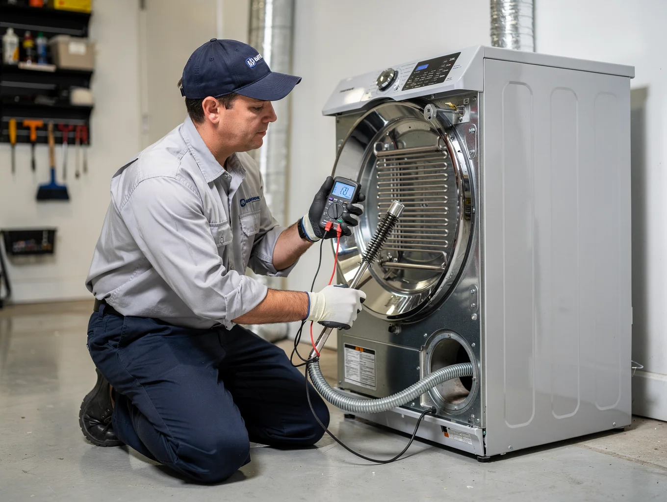 Professional appliance technician inspecting a clothes dryer in Smyrna GA
