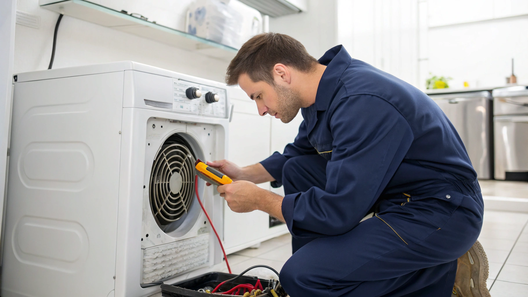 Technician rebuilding dryer heating element and testing thermal safety switches