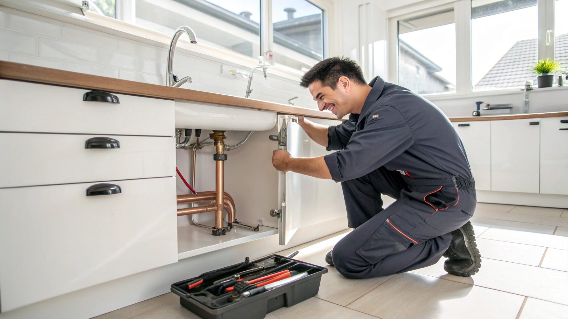 Under-sink garbage disposal motor testing and plumbing seal inspection