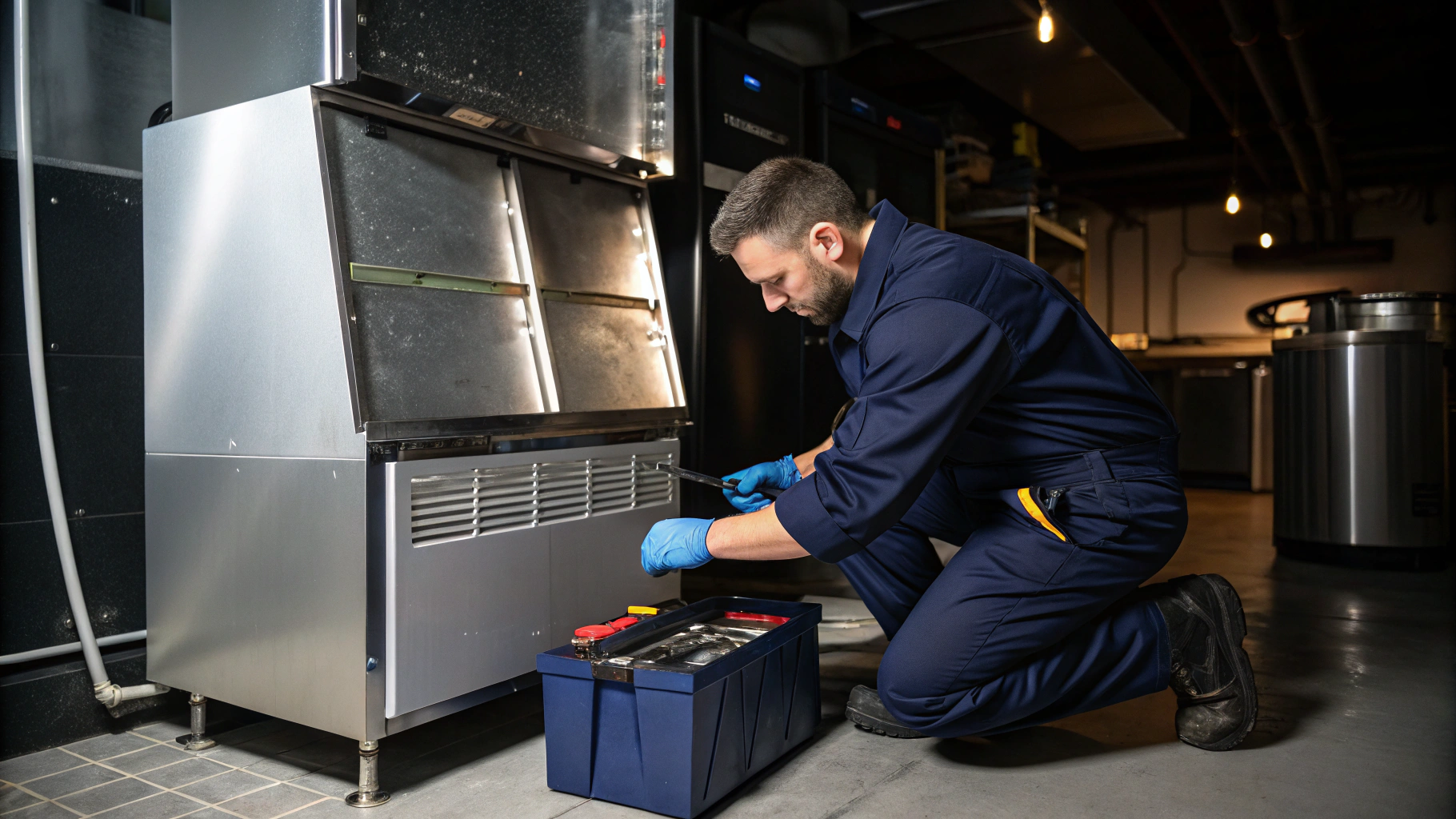 Technician performing commercial ice machine maintenance