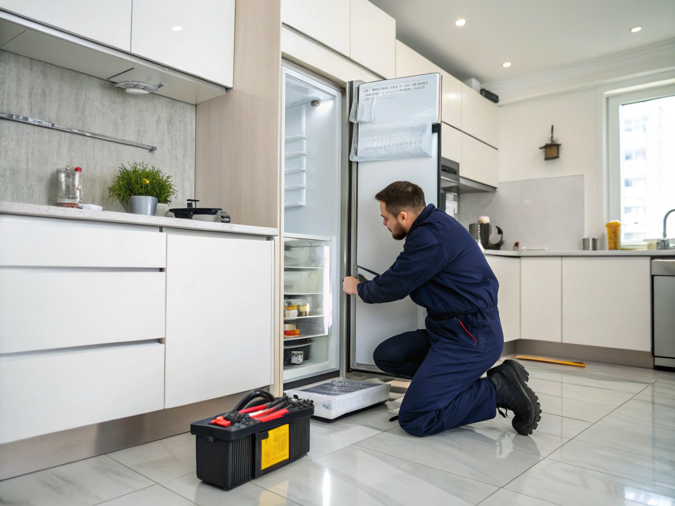 Technician diagnosing refrigerator ice maker not making ice