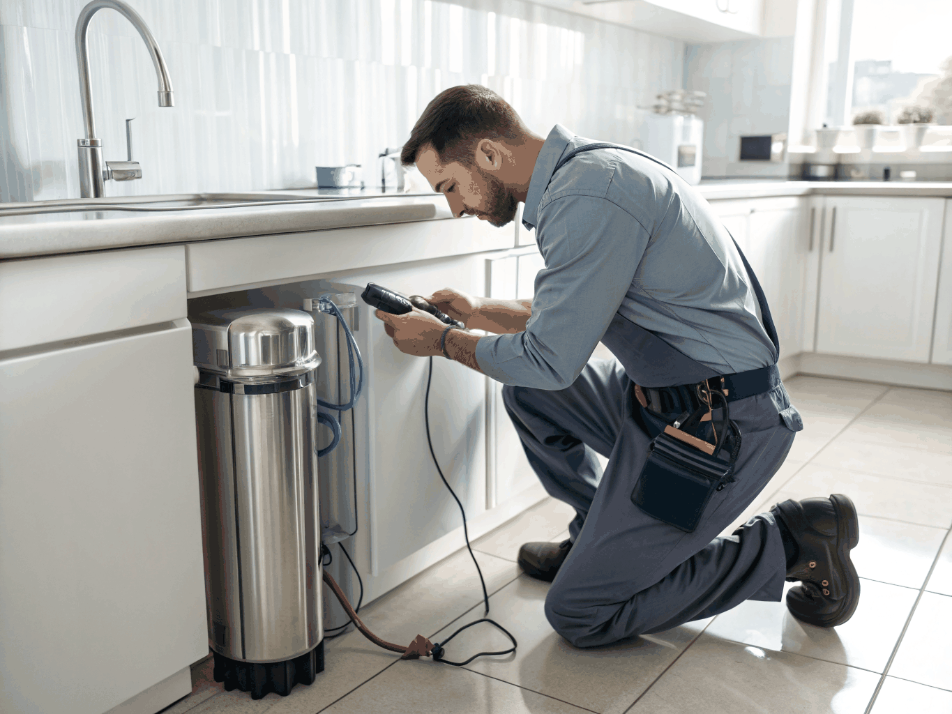 Technician performing ice maker maintenance