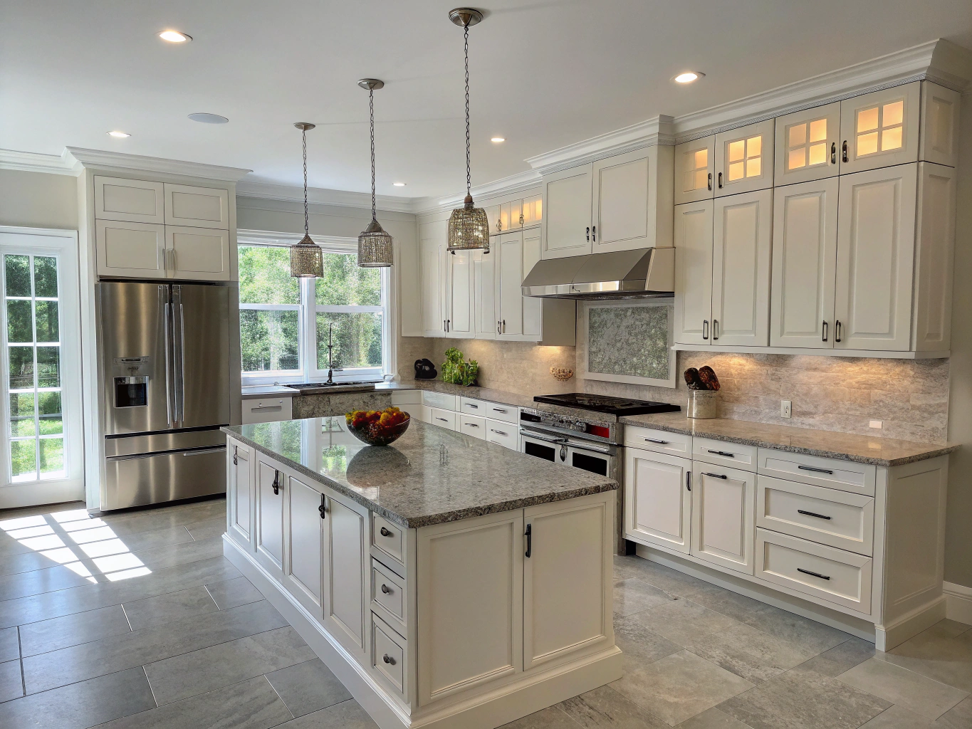 Modern kitchen featuring premium stainless steel KitchenAid refrigerator and range