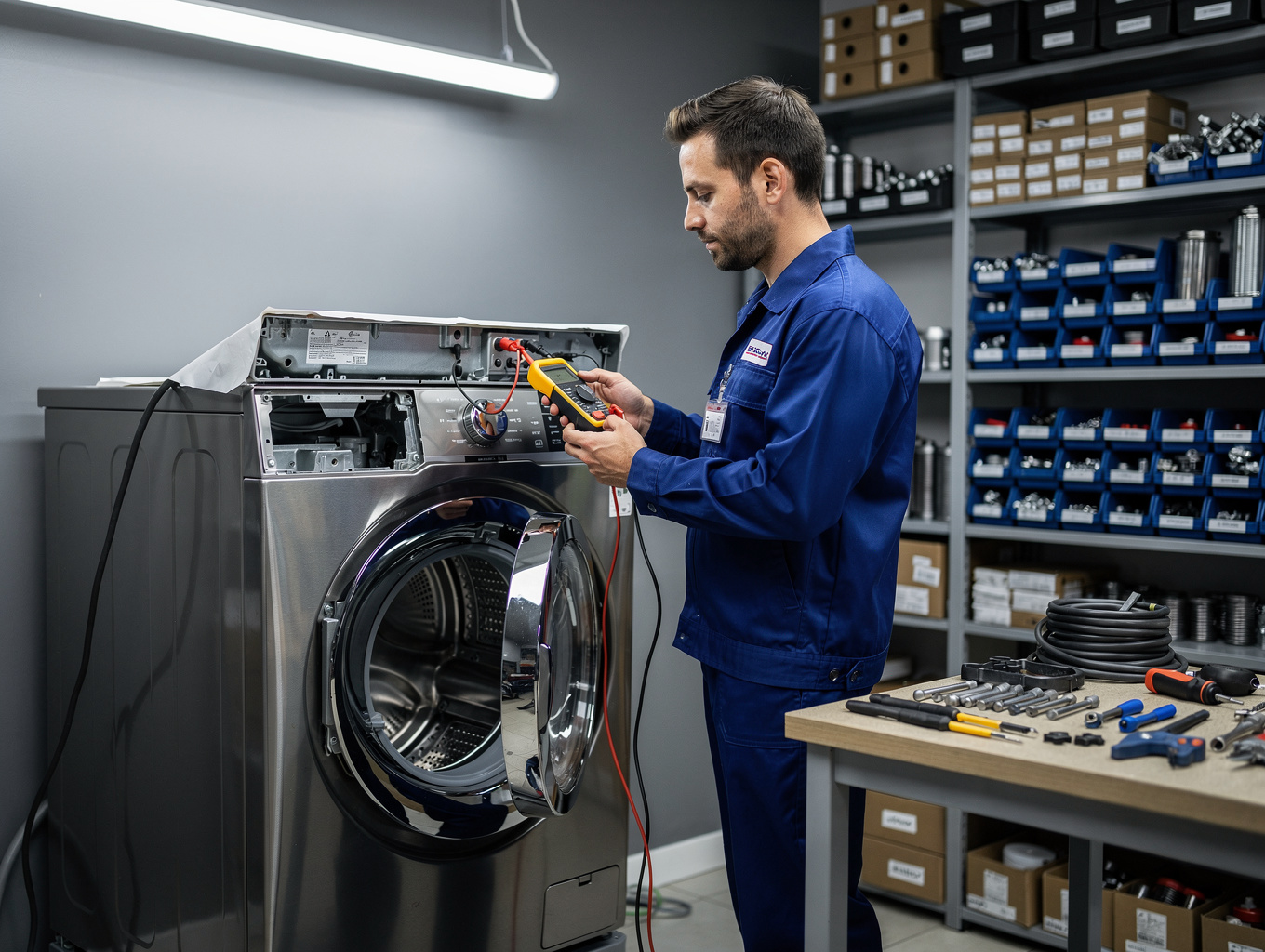 Technician testing LG ice maker module and thermostat