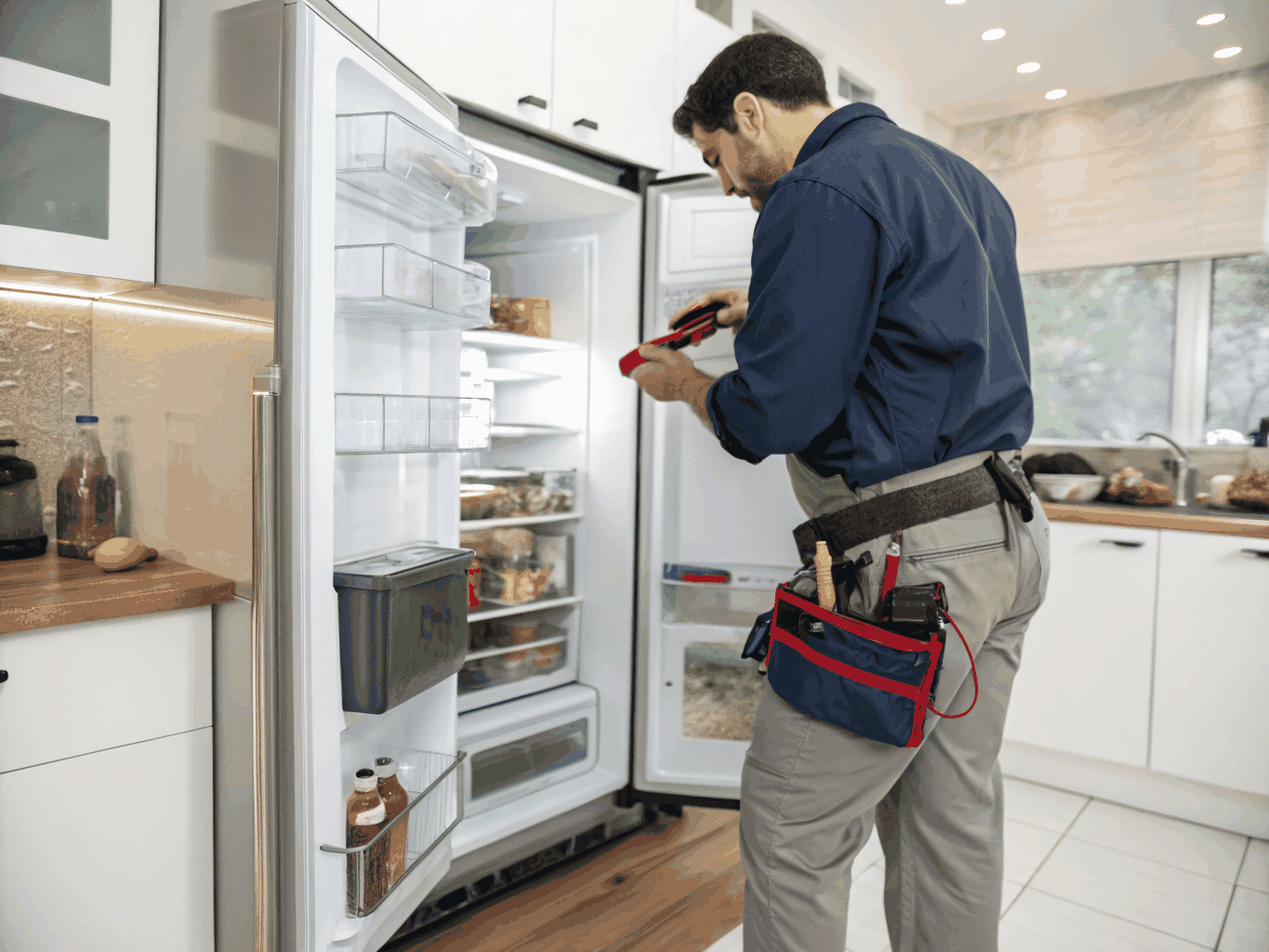 Technician inspecting an LG refrigerator cooling system
