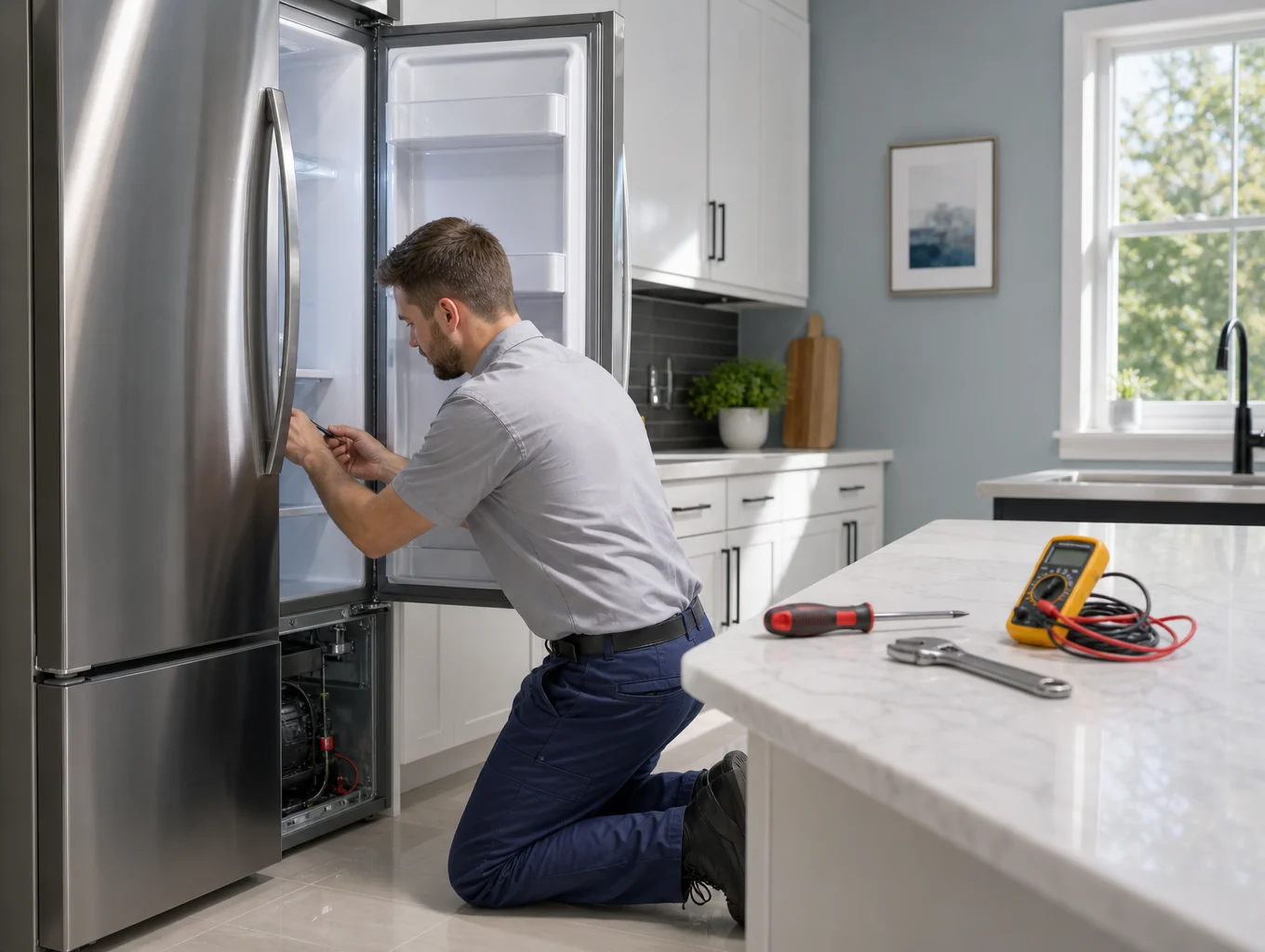 Professional appliance repair technician repairing modern kitchen appliance in Mableton GA