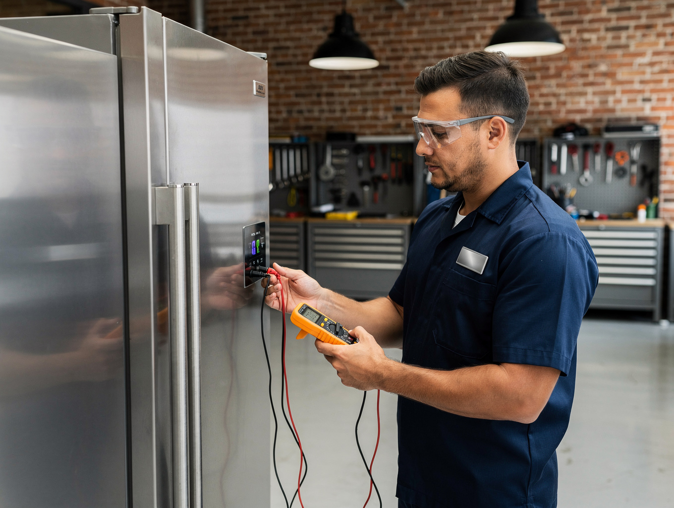 Certified technician inspecting high-end appliance with precision OEM diagnostic equipment