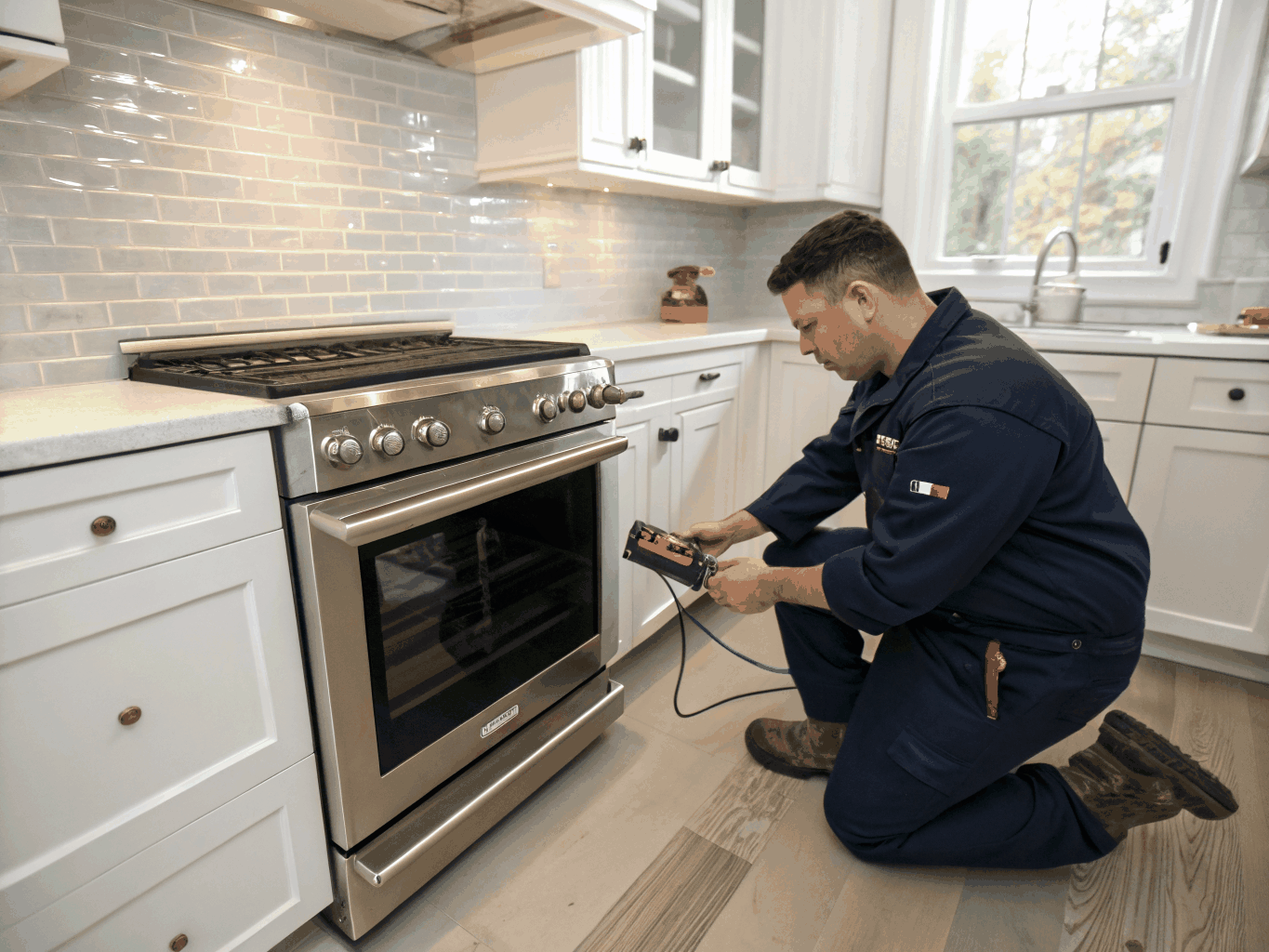 Technician inspecting an oven heating element during maintenance