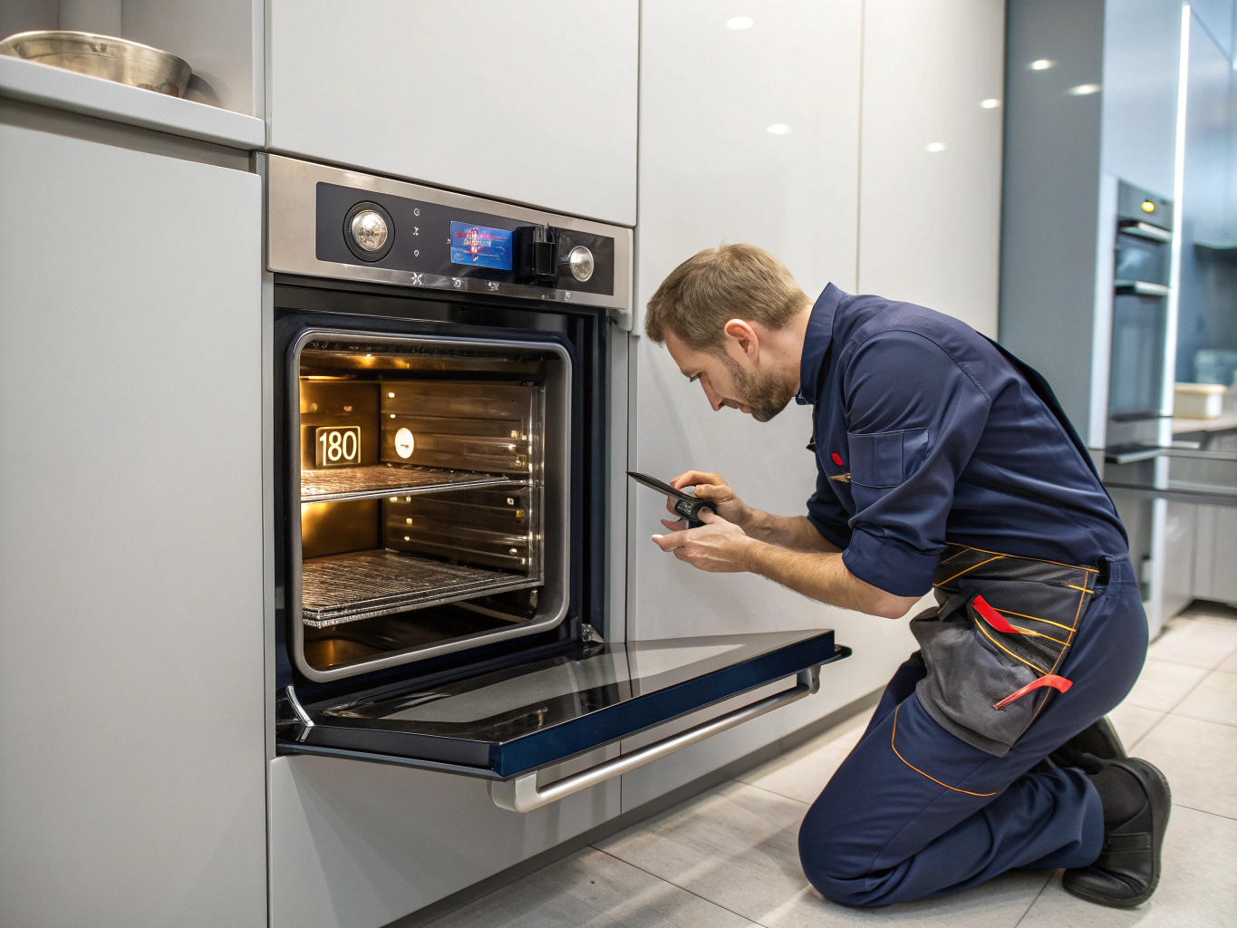 Technician repairing an electric oven heating element