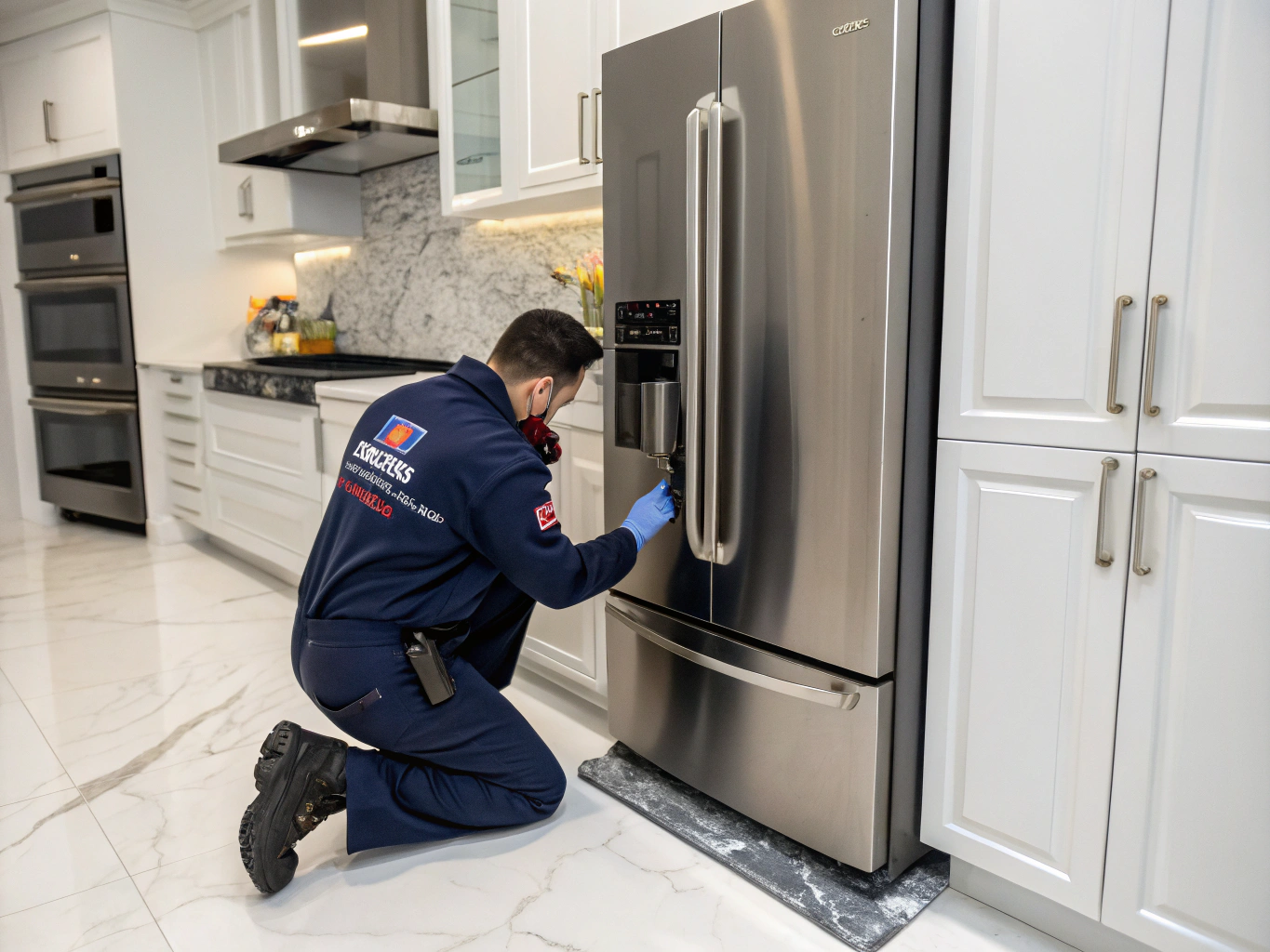 Technician performing maintenance on a modern refrigerator