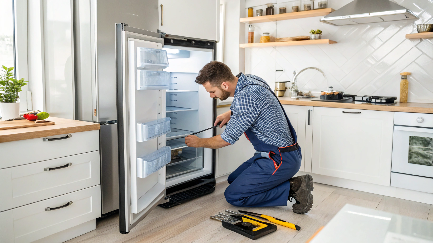 Technician inspecting residential French door refrigerator cooling system in Smyrna