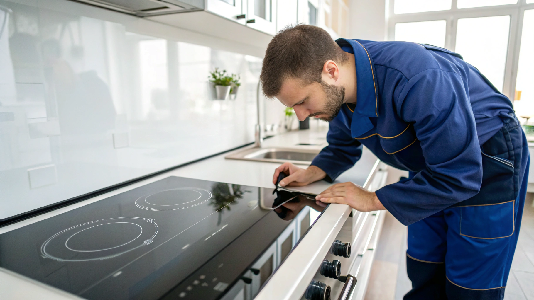 Technician performing stove burner inspection and maintenance