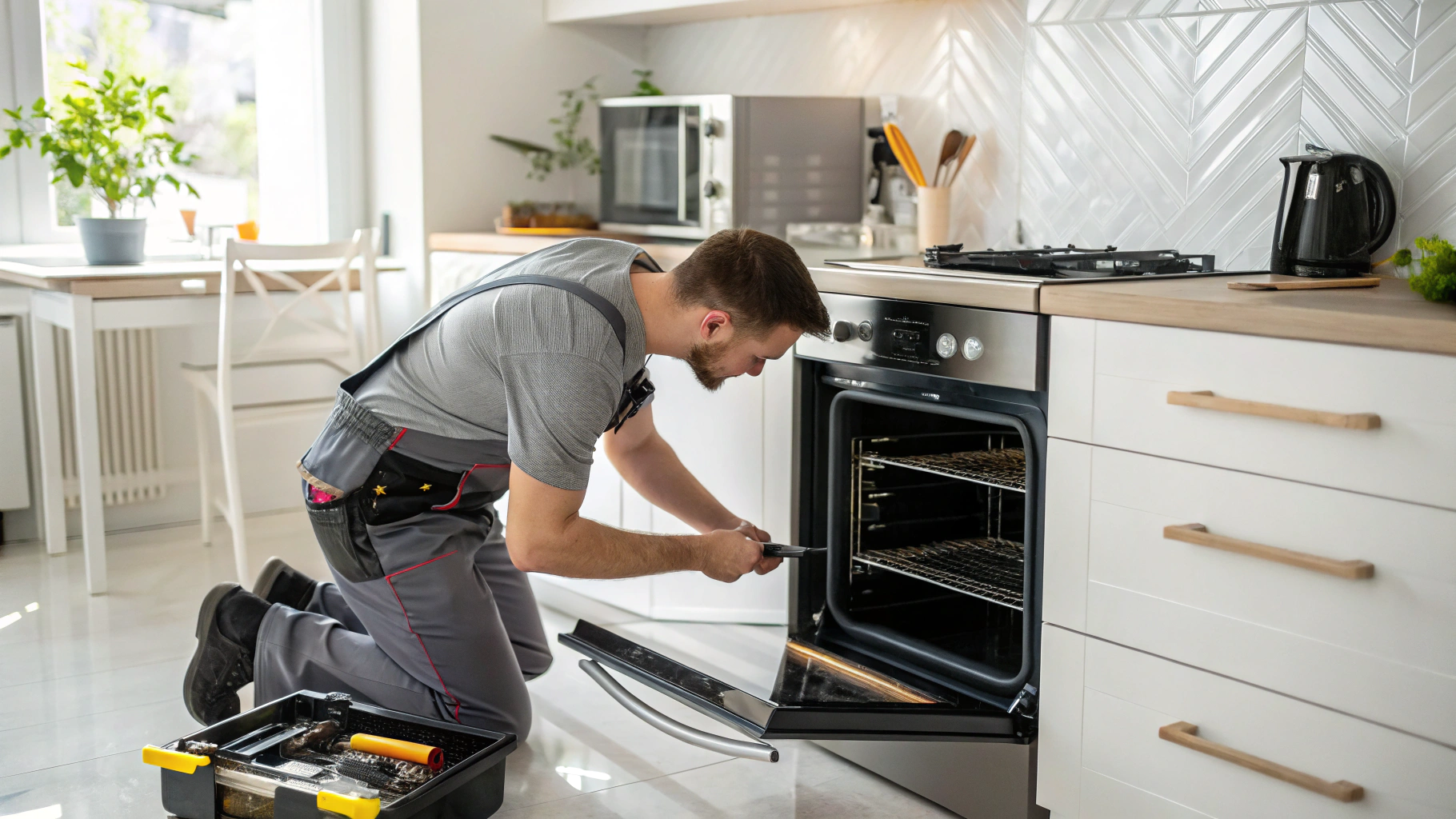 Certified technician replacing heating element inside wall oven