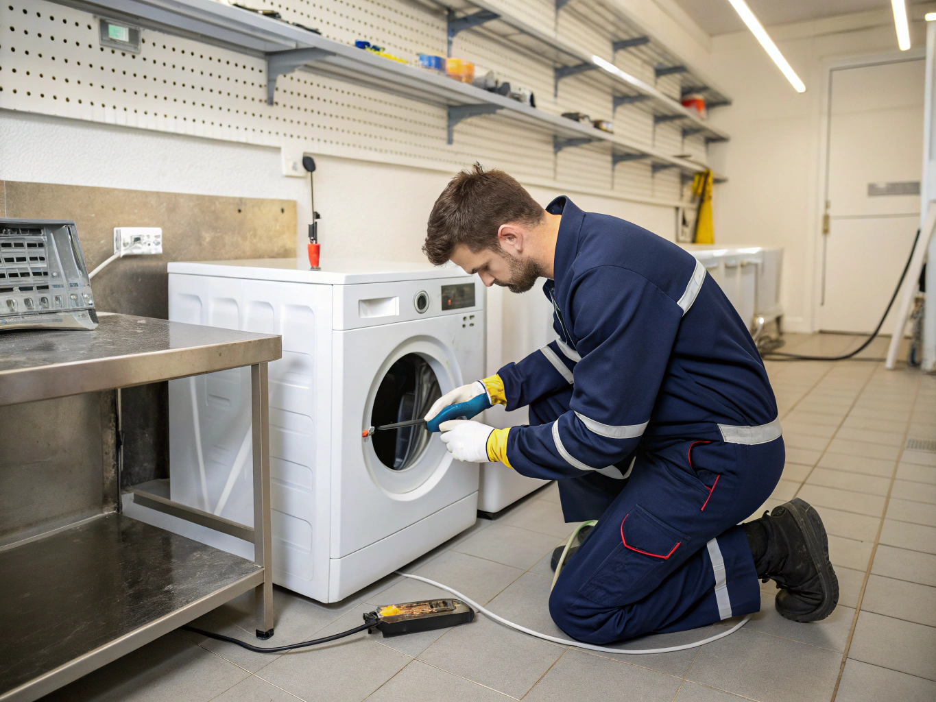 Certified technician performing maintenance on a modern washing machine