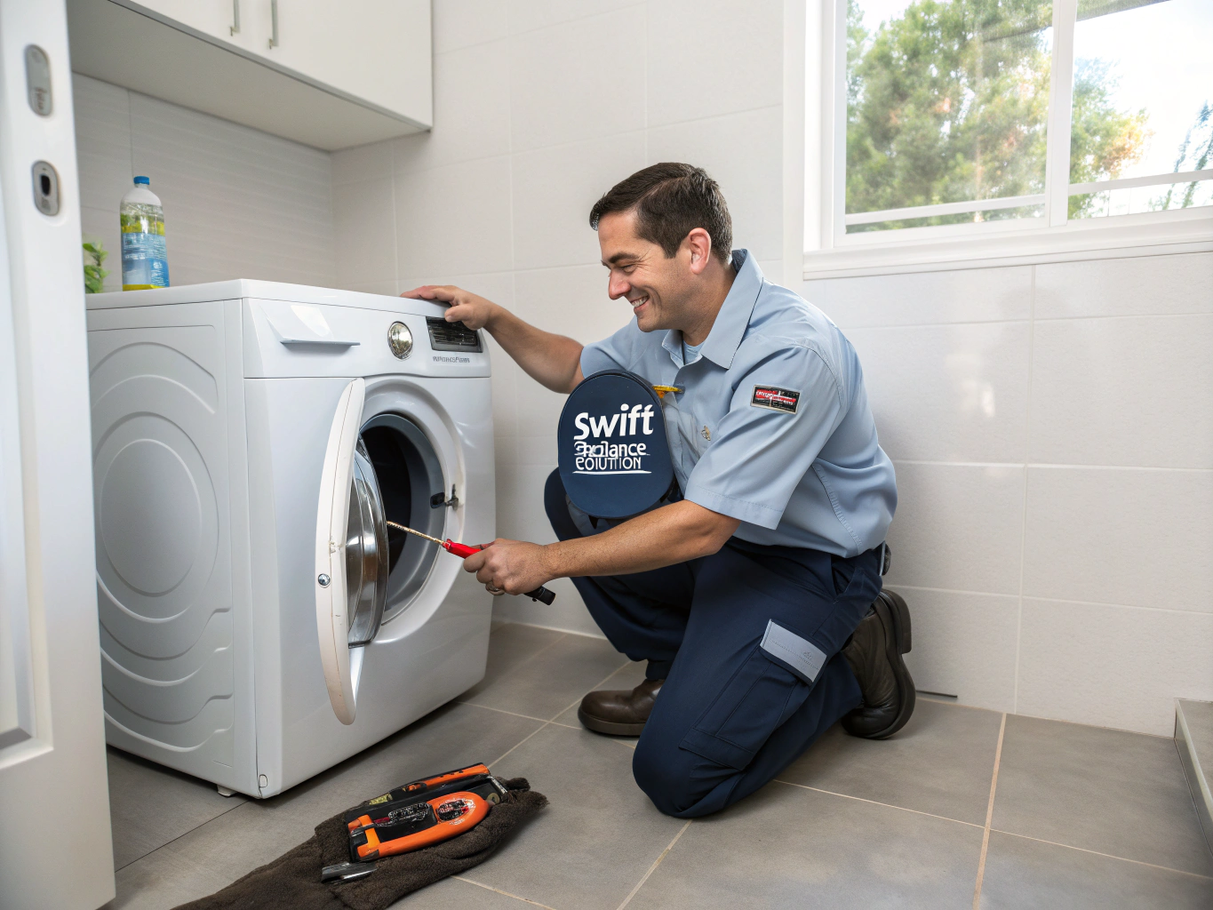 Technician maintaining washing machine components