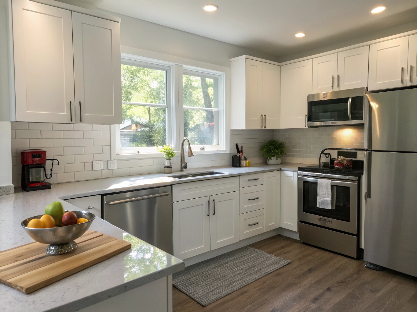 Modern kitchen with stainless steel Whirlpool refrigerator and cooking appliances